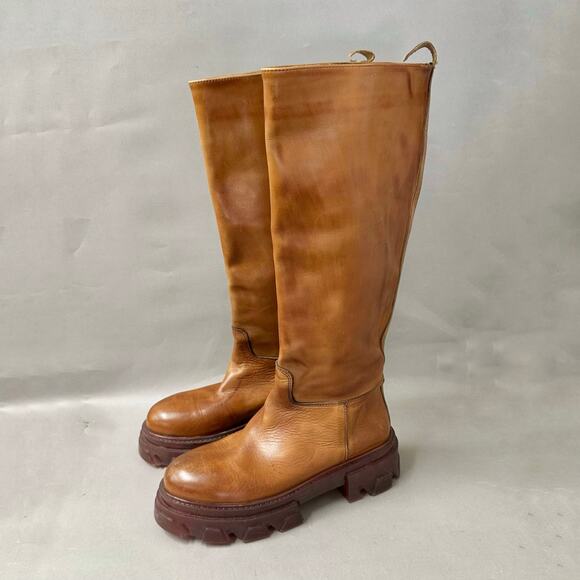 Jonak Rocket Knee High Leather Boots in Cognac Lug Sole Euro Size 41 US 10 - Picture 4 of 16